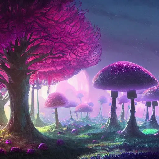 Prompt: concept art painting of a fantasy alien fungal landscape at night, magenta trees, glowing blue mushrooms, houses made of fungus, dark purple sky, realistic, detailed, cel shaded, in the style of makoto shinkai and greg rutkowski and albert bierstadt and james gurney