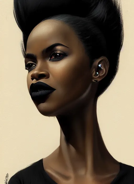 Image similar to portrait of a black woman with a crooked nose and a confident expression, 1 9 6 0 s, black clothes, goth, punk, funk, intricate, elegant, highly detailed, digital painting, artstation, concept art, smooth, sharp focus, illustration, art by wlop, mars ravelo and greg rutkowski