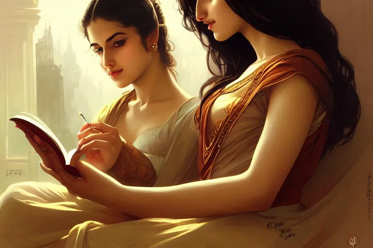 Image similar to sensual good looking pale young bengali girl with soulful eyes reading a novel, portrait, elegant, intricate, digital painting, artstation, concept art, smooth, sharp focus, illustration, art by artgerm and greg rutkowski and alphonse mucha