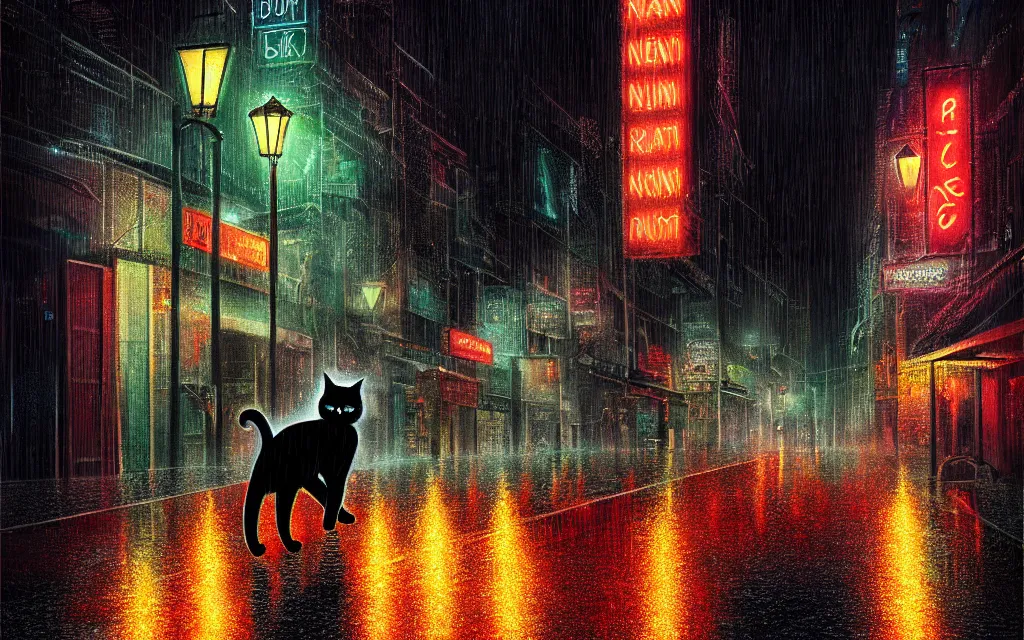 Image similar to black cat running through heavy rain in an emprty neon lit street at night by wlop, ultra detailed color art, high detail, digital art