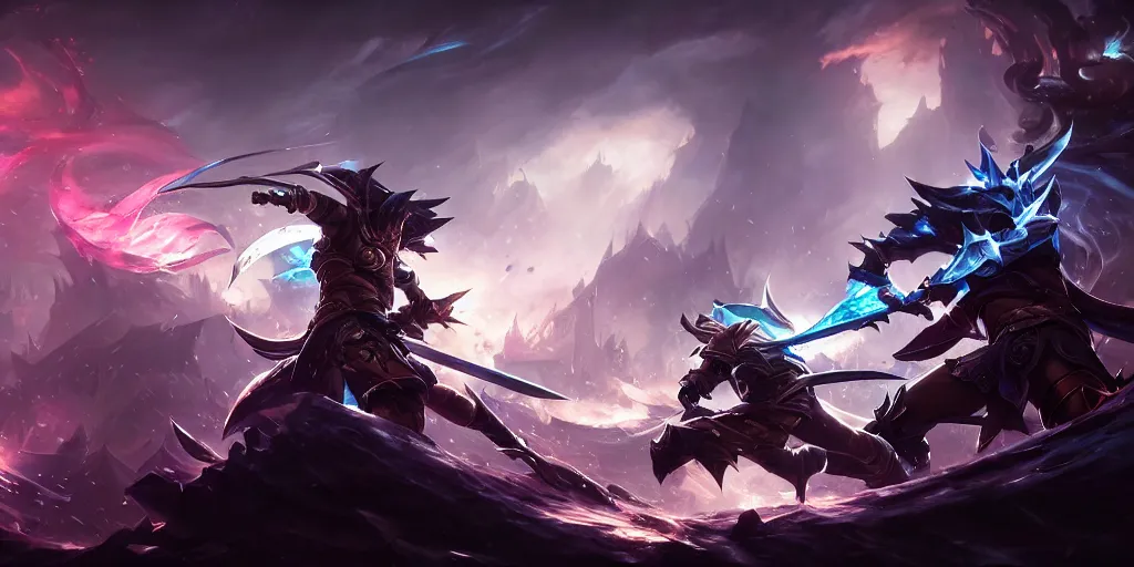 Image similar to amazing epic screen of two swordman combat, league of legends splash art, deiv calviz, splash art, natural light, elegant, intricate, fantasy, atmospheric lighting, by greg rutkowski, league of legends splashscreen artwork, hd wallpaper, ultra high details