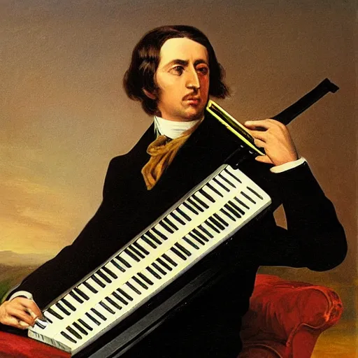 Image similar to Frederick Chopin on a stage playing a keytar, photorealistic painting