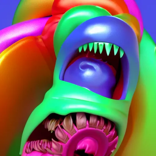 Image similar to 3 d render of a monster made of rainbows, terrifying, beautiful, cringe