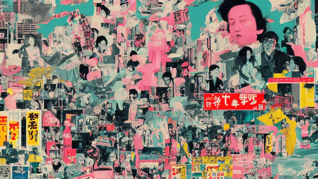 Image similar to pop culture mecca, japan, a collage painting, in the style of wes anderson, lola dupre, david hockney, isolated on negative white space background dark monochrome neon fluorescent spraypaint accents volumetric octane render