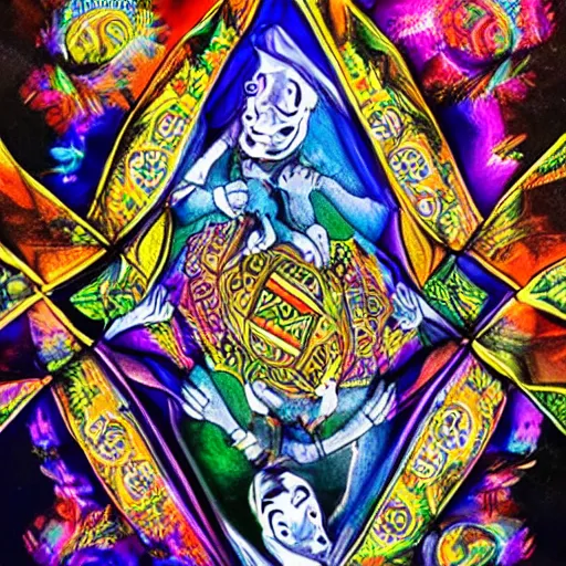 Prompt: A psychedelic DMT Jester standing on a deck of cards is surrounded by DMT-Elves and Bright DMT Magic