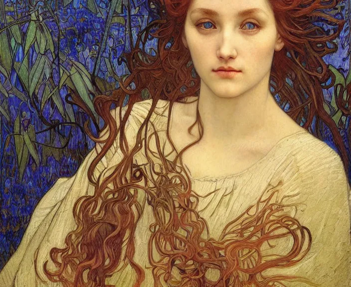 Image similar to detailed realistic beautiful young medieval queen face portrait by jean delville, alphonse mucha, vincent van gogh, and marco mazzoni, art nouveau, symbolist, visionary, gothic, pre - raphaelite