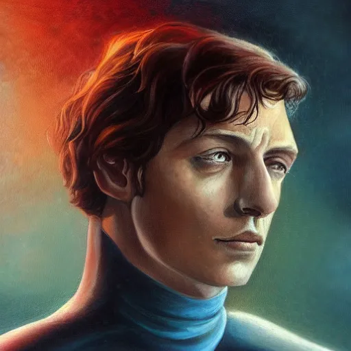 Image similar to realistic paul atreides emperor of the known universe, perfect dramatic and dark portrait by rabbitary b, trending on artstation, deviantart, dune, low angle oil painting and composition laws, dark foggy background, man with thin lines on the face, medium - long curly brown hair, completely blue eyes, denis villeneuve cinematography