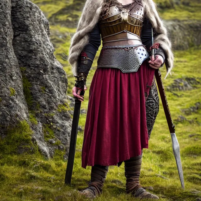 Prompt: full length photograph of a real-life beautiful female viking with intricate cloak and armour, Extremely detailed. 8k