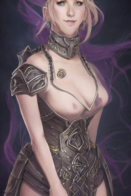 Image similar to a full body portrait of a gorgeous female paladin, D&D, choker on neck, stylish dress, very long flowing hair, intricate, elegant, stylish, cute slightly nerdy smile, mouth slightly open, fantasy, highly detailed, digital painting, artstation, concept art, smooth, sharp focus, illustration, art by artgerm and greg rutkowski and alphonse mucha