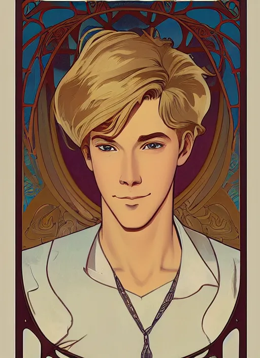 Image similar to well - lit art nouveau portrait of a young man with short blond hair, natural lighting, path traced, highly detailed, high quality, cartoon, digital painting, by don bluth and ross tran and studio ghibli and alphonse mucha