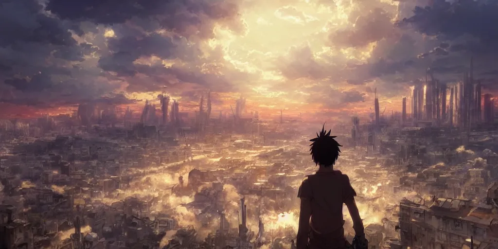 Image similar to anime character in front of an apocalyptic city and the clouds are burning, hyperrealistic, trending on pixiv fanbox, painted by greg rutkowski makoto shinkai takashi takeuchi studio ghibli, akihiko yoshida