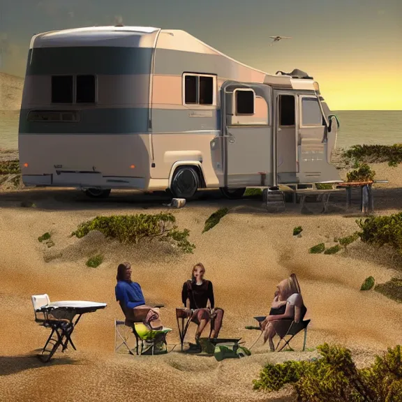 Prompt: Camping with RV by the beach, science fiction matte painting, highly detailed,