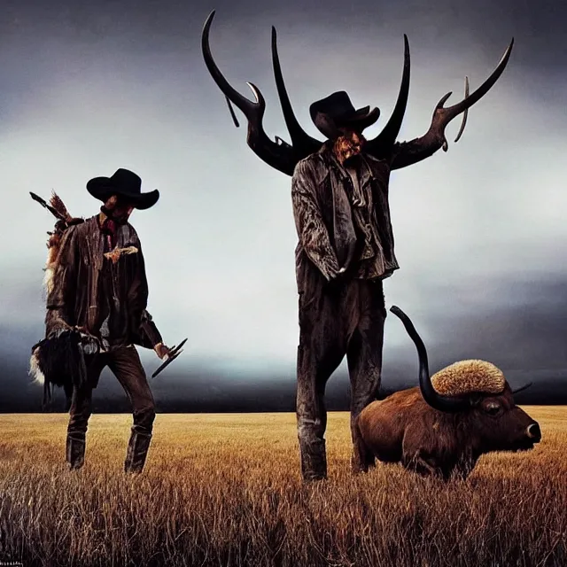 Image similar to incredible modern evocative sentimental artwork of buffalo hunters, buffalo emotion midnight in the style of tim walker fashion photography, buffalos hunting hunters, larger than life