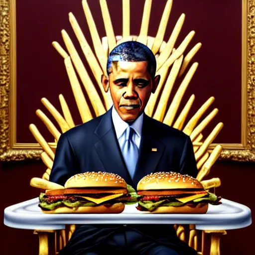 Image similar to intricate oil painting of barrack obama eating a cheese burger sitting on the iron throne, concept art, intricate, highly detailed, 8 k, takeshi obata, alphonse mucha, trending on artstation