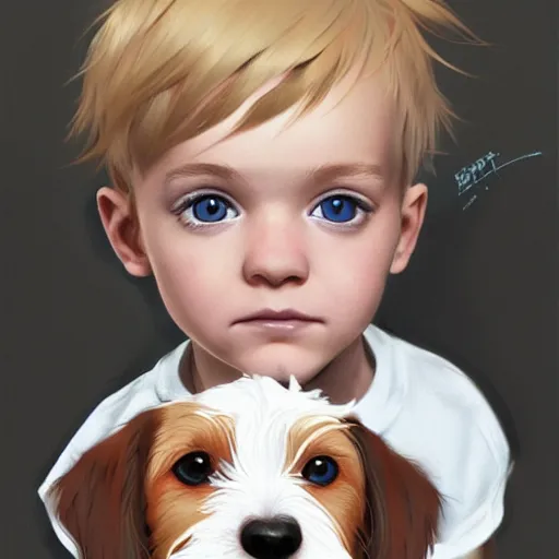 Prompt: a four year old boy with short blonde hair and blue eyes sitting with a very cute wire haired jack russell terrier puppy, white with brown patches over both eyes. detailed, high quality painting by artgerm and greg rutkowski and ilya kuvshinov