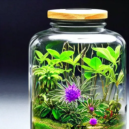 Image similar to a jar with a variety of beautiful plants inside, art