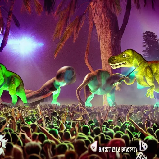 Image similar to a group of dinosaurs having a rave party at boom festival main stage, rendered in octane