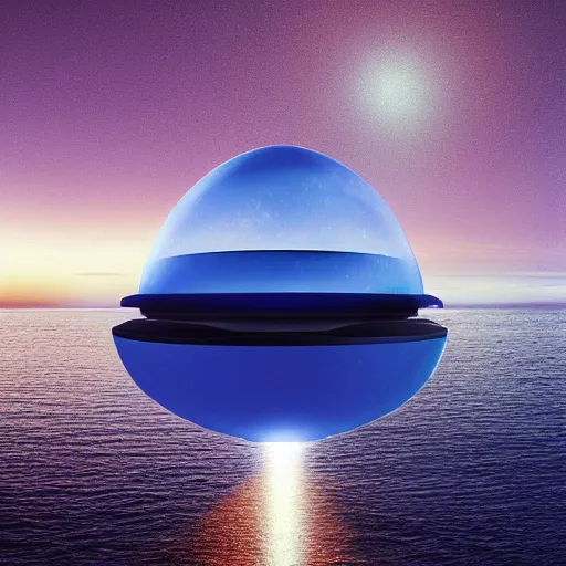 Prompt: a ufo in the shape of a saucer with no apparent propulsion system, glowing in a blue light, photographed above sea water with waves