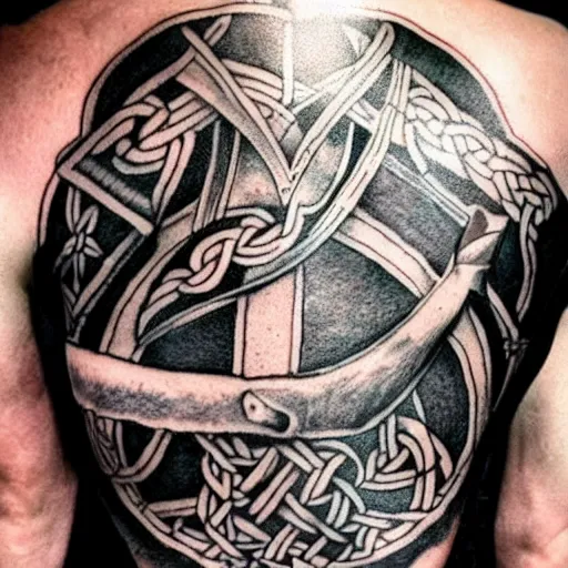 Image similar to viking wielding to hand axes with raven on his shoulder celtic tattoo