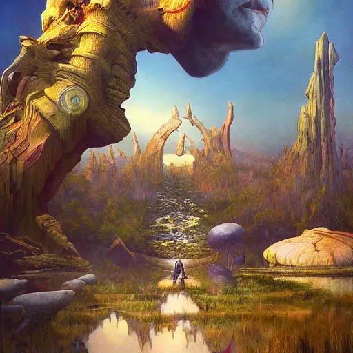Image similar to Esao Andrews, scifi landscape, hyperrealistic surrealism, award winning masterpiece with incredible details, epic stunning, infinity pool, a surreal vaporwave liminal space, highly detailed, trending on ArtStation, artgerm and greg rutkowski and alphonse mucha, daily deviation, IAMAG, broken giant marble head statue ruins, golden hour