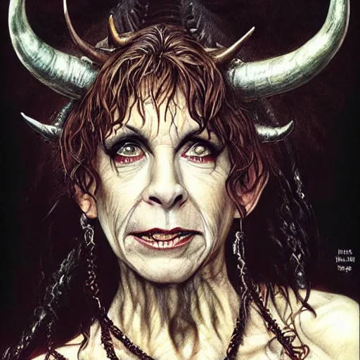 Prompt: head and shoulders portrait of an evil, black - skinned, horned night hag portrayed by reba mcintyre, d & d, fantasy, luis royo, magali villeneuve, donato giancola, wlop, krenz cushart