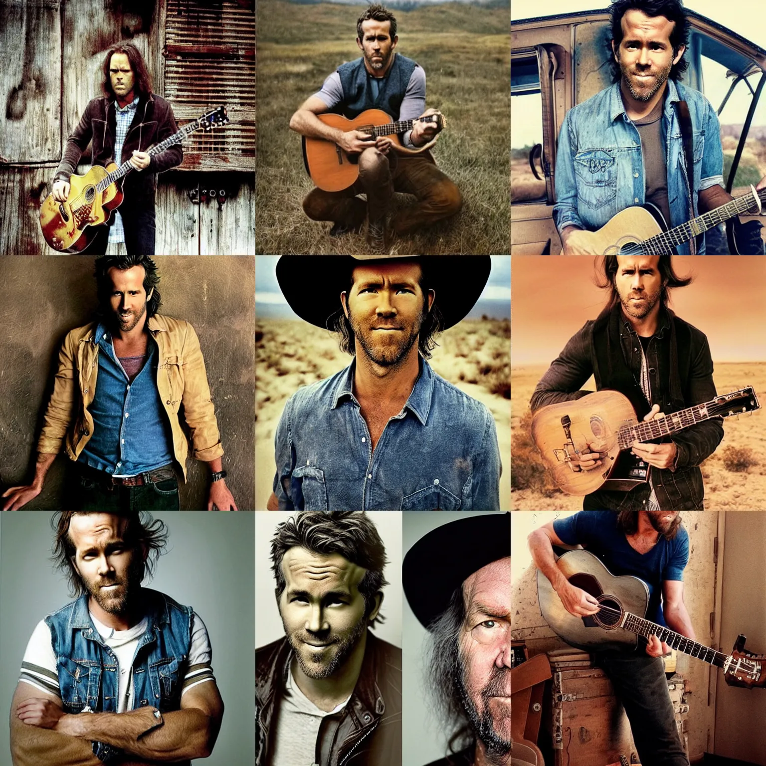 Prompt: portrait ryan reynolds neil young hybrid!!!!!! photo by annie leibovitz