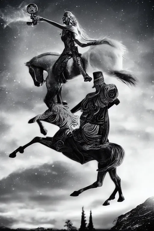 Prompt: self - transforming machine - elf riding horse and holding chalice in the style of nordic noir television, dmt fractal, moody photography, grayscale, double exposure, knight of cups, etteilla tarot