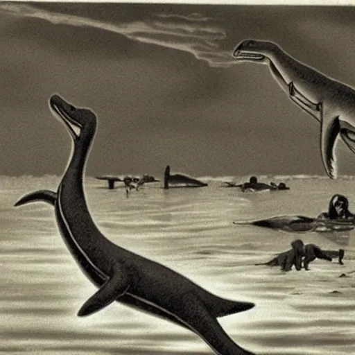 Image similar to terrifying plesiosaur attacking swimmers at the beach. detailed, realistic, photograph.