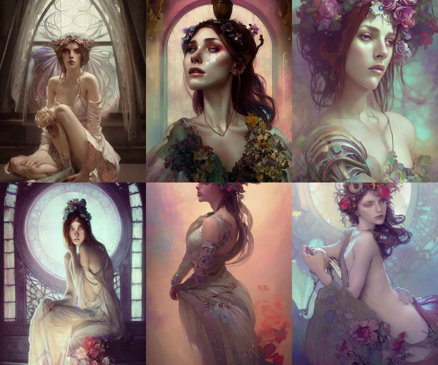 Prompt: beautiful girl by bastien lecouffe deharme and wlop, portrait digital painting of a beautiful girl wearing high fashion clothing, art by alfons mucha, sitting on a grand staircase, unreal engine, hyper realism, realistic shading, cinematic composition, blender render, octane render, hdr, detailed textures, photorealistic, ultrawide shot, 3 5 mm film