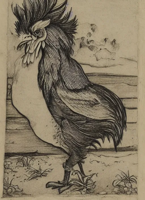 Prompt: a detailed, intricate drawing on parchment with white highlights of a rooster on a beach, by albrecht durer