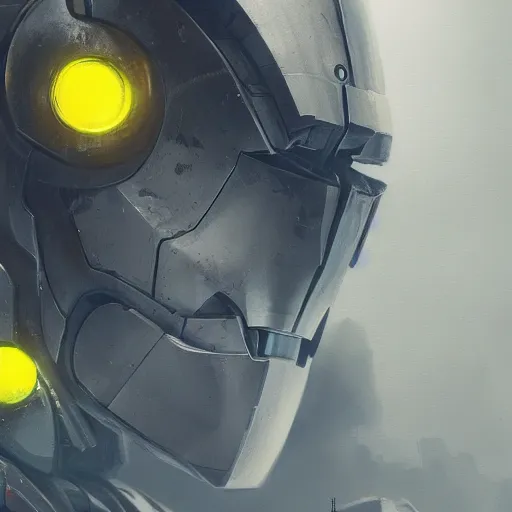 Prompt: robot destroyed to pieces with glowing yelow visor as a realistic scifi cyberpunk knight, closeup portrait art by james jean and greg rutkowski,, realistic face, like ironman, digital art, trending on artstation, 8 k