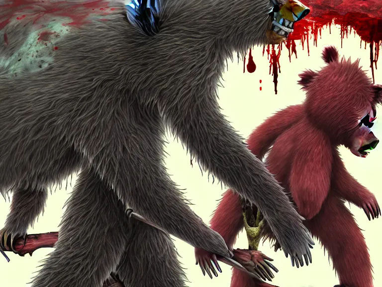 Prompt: high resolution 4 k goru, blood, furry bears horror made in abyss design bizarre design body a field of cool colors shading war bloody war wounded country bears rock afire explosion billy bob dark forest fractal light through canopy black sky ziricote ivory brazilian rosewoodart in the style of and akihito tsukushi