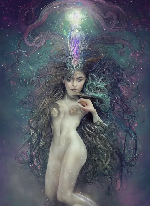 Image similar to a photographic portrait of a esoteric goddess elemental sprite created out of starlight and mist, cinematic, volumetric lighting, beautiful fantasy, intricate, elegant, highly detailed, digital painting, artstation, concept art, smooth, sharp focus, illustration, art by ayami kojima, artgerm and h r giger and alphonse mucha