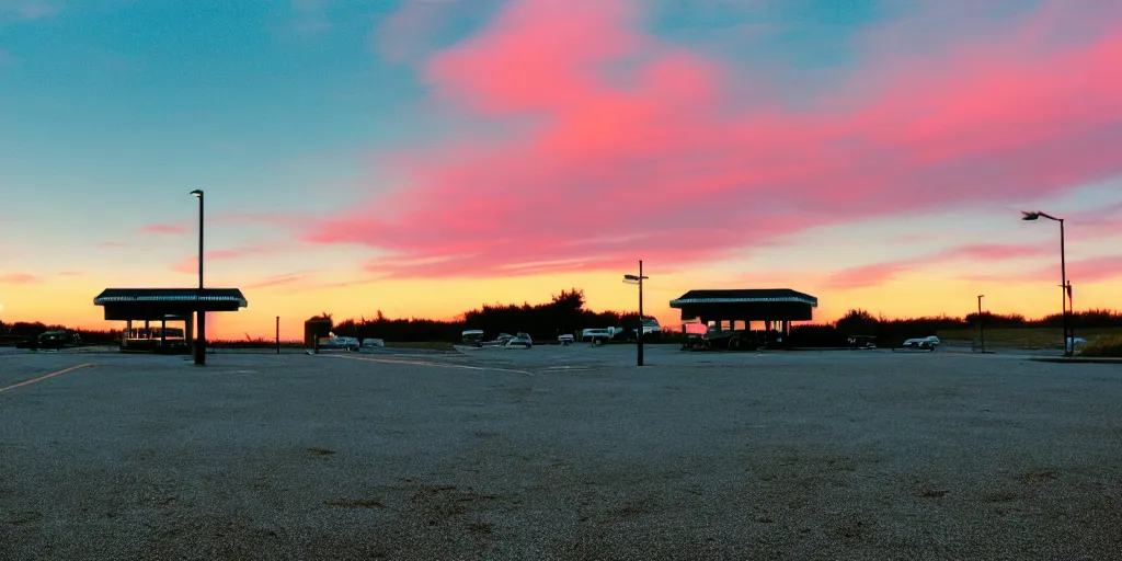 Image similar to a lonely port byron travel plaza in the middle of nowhere, sunset, eerie vibe, leica, 2 4 mm lens, cinematic screenshot from the 2 0 0 1 film directed by charlie kaufman, kodak color film stock, f / 2 2, 2 4 mm wide angle anamorphic