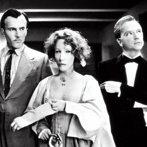 Prompt: film still, Martin Heidegger, George Lucas and Sarah Bernhardt in American Psycho