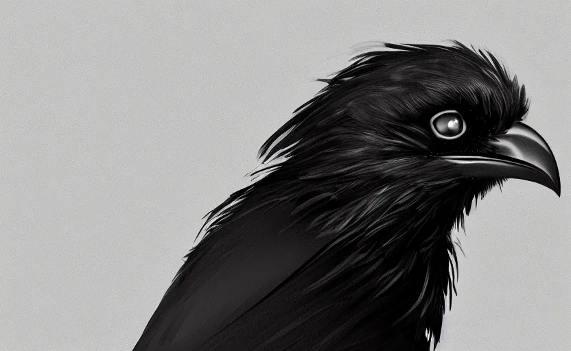 Prompt: cute lil raven character, close - up portrait, black iridescent feathers and sharp pointy beak, knowing eyes, cinematic 3 d pixar style, trending on arstation octane rendered in 8 k unreal engine 5, cinematic and dramatic, gloomy, mystic and magical, fantastic and whimsical