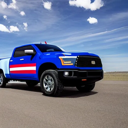 Image similar to photo of big blue biden pickup trucks with american flags on them. guns can be seen blaring out of the windows.