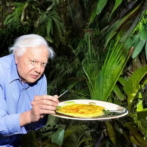 Image similar to David Attenborough looking at an omelette in a jungle while narrating, still, photograph