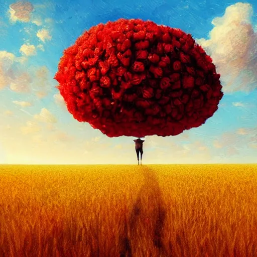 Prompt: giant red carnation afro head, full body, girl walking in the middle of a wheat field, surreal photography, hills, sunrise dramatic light, impressionist painting, colorful clouds, digital painting, pointillism, artstation, simon stalenhag