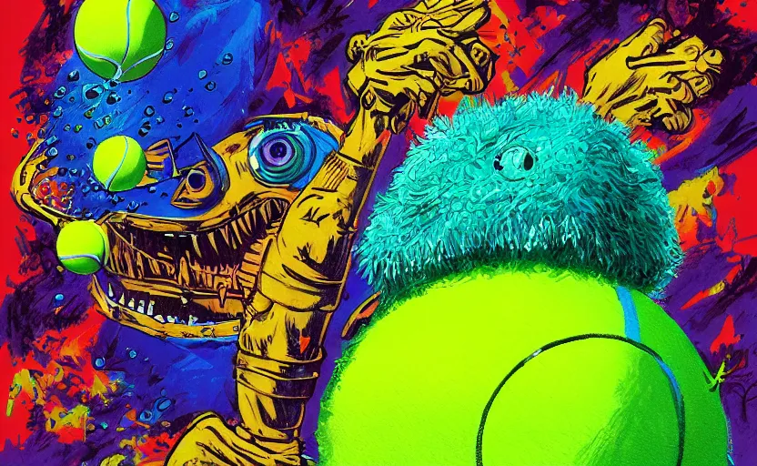 Image similar to a tennis ball monster, colorful, underwater, digital art, fantasy, magic, chalk, trending on artstation, ultra detailed, professional illustration by basil gogos