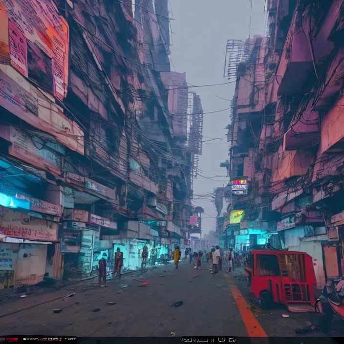 Image similar to streets of mumbai in 2 0 7 0, cyberpunk, futuristic, high fidelity, uncompressed png