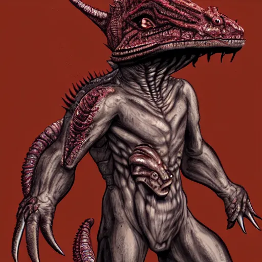Image similar to big butcher anthropomorphic male lizardfolk posing scarily, scary angry pose, chasing you, bloody, covered in blood, fresh kill, cleaver, in a cave, earie setting, lovecraft eldritch horror, hyperdetailed, furaffinity, anthro art, furry