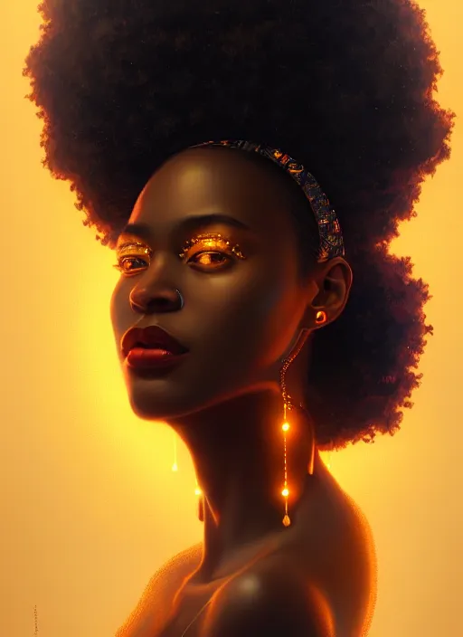 Image similar to portrait of young black woman with glowing crown, afro - futurist style, intricate, elegant, glowing lights, highly detailed, digital painting, artstation, concept art, smooth, sharp focus, illustration, art by wlop, mars ravelo and greg rutkowski