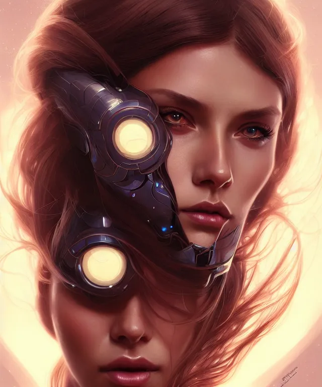 Image similar to futuristic woman portrait, sci-fi, amber eyes, face, long hair, fantasy, intricate, elegant, highly detailed, digital painting, artstation, concept art, smooth, sharp focus, illustration, art by artgerm and greg rutkowski and alphonse mucha