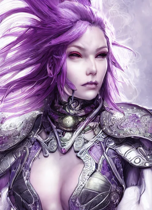 Image similar to close up portrait of a pale woman in amethyst bionic armor with purple hair, powerful, domineering, stoic, masterful, intense, ultrafine hyperdetailed illustration by kim jung gi, irakli nadar, intricate linework, sharp focus, octopath traveler, yoji shinkawa, highly rendered, detailed, concept art