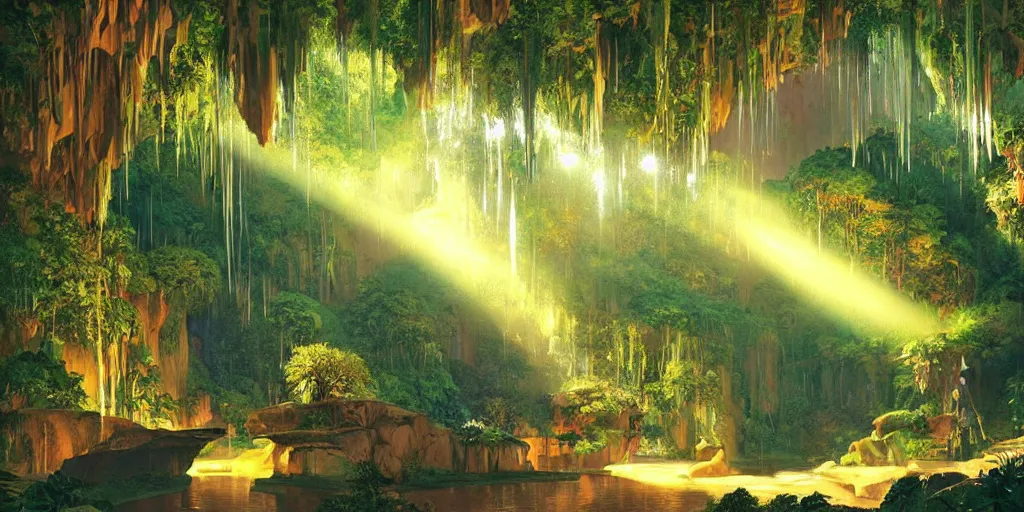 Prompt: ”mystical cavern with small shiny diamonds and lush vegetation, light coming through, volumetric lighting, beautiful, by syd mead”