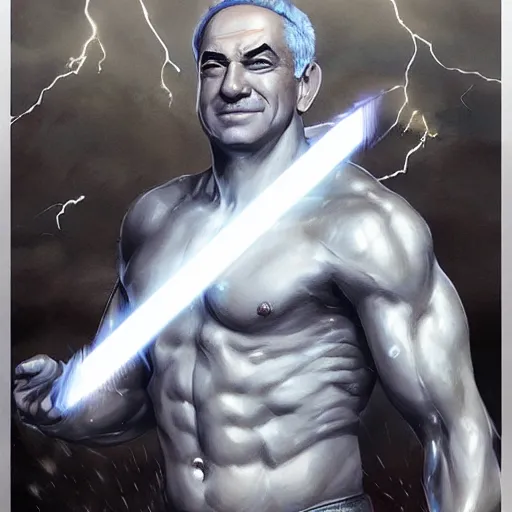 Image similar to benjamin netanyahu as the greek god of lightning, highly detailed, by artgerm and greg rutkowski