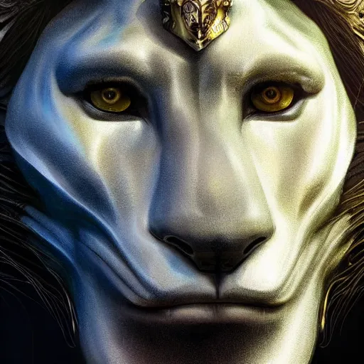 Prompt: Very very very very highly detailed epic photo of face with lion venetian mask, intricate, dystopian, sci-fi, extremely detailed, digital painting, artstation, concept art, smooth, sharp focus, illustration, intimidating lighting, incredible art by Artgerm and Vincent di Fate