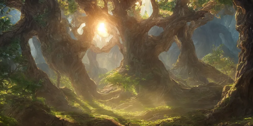 Prompt: a fantasy town built upon the giant branches of yggdrasil, illustration, bright sunlight, sun glints, sunrays, digital art, hyperrealistic, oil painting, fantasy, 8 k, trending on artstation, detailed