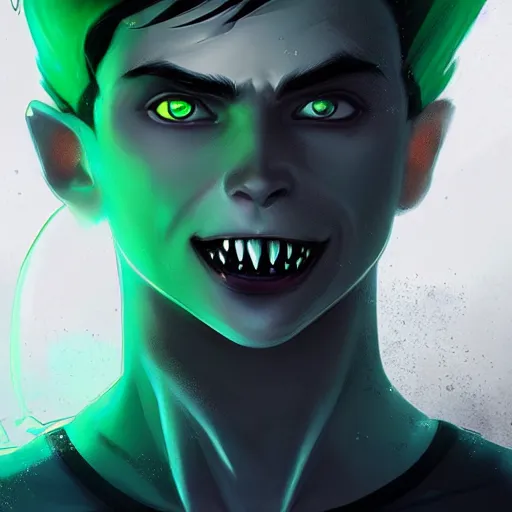 Image similar to a digital matte intricate face illustration concept art of young danny phantom with glowing green eyes and sharp teeth fangs alt art fashion inspired art by charlie bowater and wlop and mark arian and ross tran + neon colors, symmetry, intricate complexity, epic composition, magical atmosphere, highly detailed, cinematic lighting + masterpiece, trending on artstation + 8 k